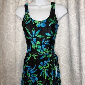 00’s Catalina One Piece Swim suit w skirt Blue Green hibiscus 🌺 Floral Size S